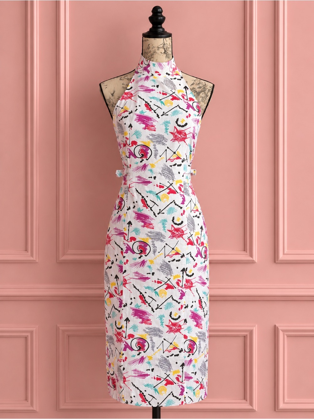 Vintage 80s Le Château Colorful Halter Neck Dress with Buckle Details Size XS